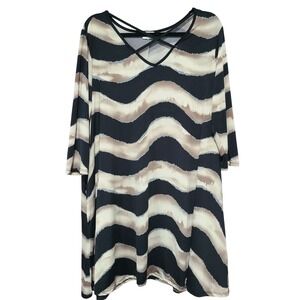 Goldspark XL Tunic Top Wavy Abstract Stripe Strappy V-Neck 3/4 Sleeve Dress
